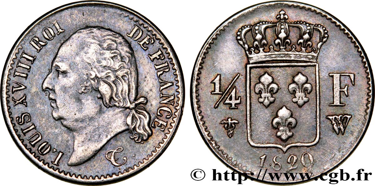 1/4 franc Louis XVIII 1820 Lille F.163/19 SS50 