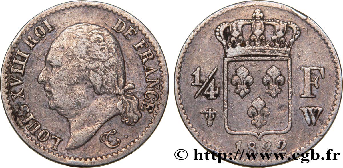 1/4 franc Louis XVIII 1822 Lille F.163/23 MB25 