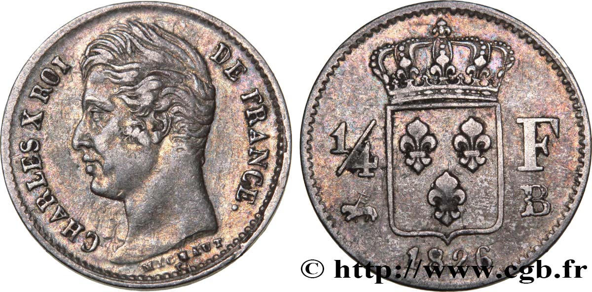 1/4 franc Charles X 1826 Rouen F.164/3 XF48 