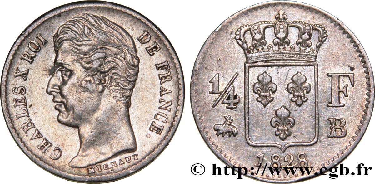 1/4 franc Charles X 1828 Rouen F.164/19 SS50 