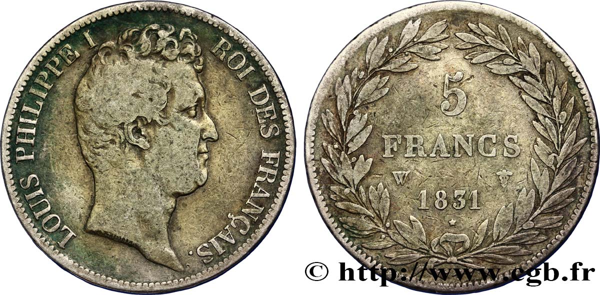 5 francs type Tiolier avec le I, tranche en relief 1831 Lille F.316/4 TB28 
