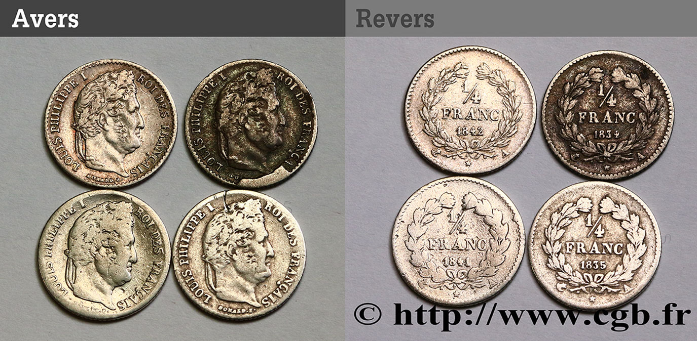 Lot de quatre pièces de 1/4 franc Louis-Philippe n.d. n.l. F.166/- BC/BC+ 