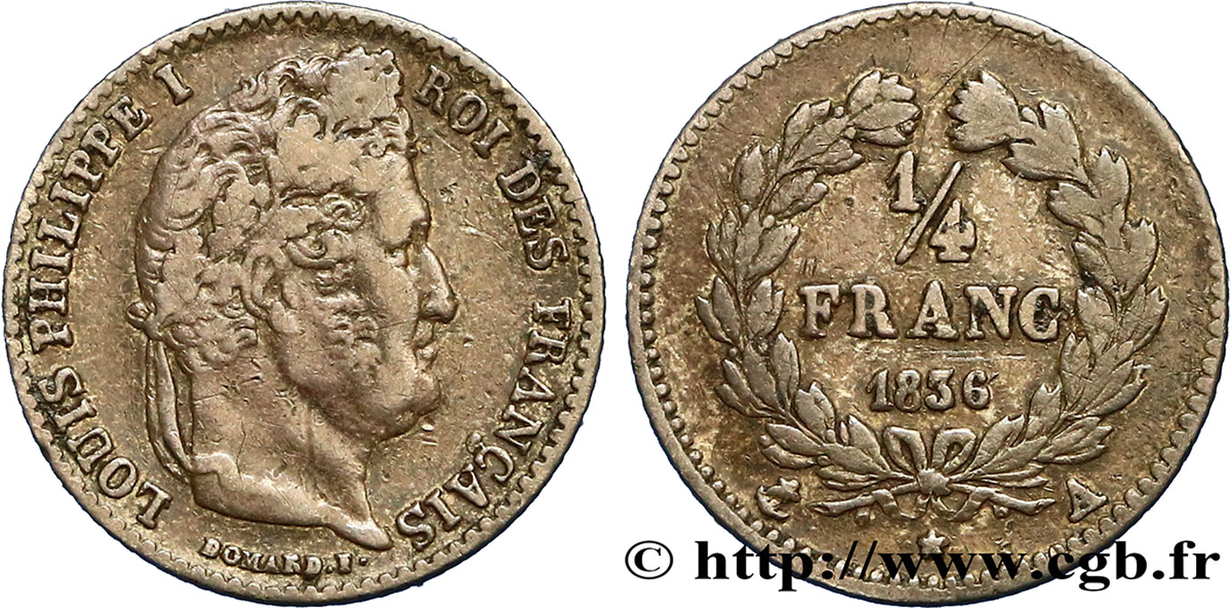 1/4 franc Louis-Philippe 1836 Paris F.166/59 XF40 