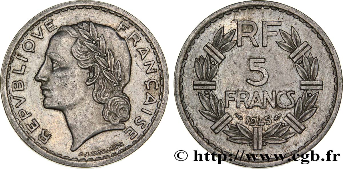 Essai de 5 francs Lavrillier, aluminium 1945 Paris F.339/1 TTB50
