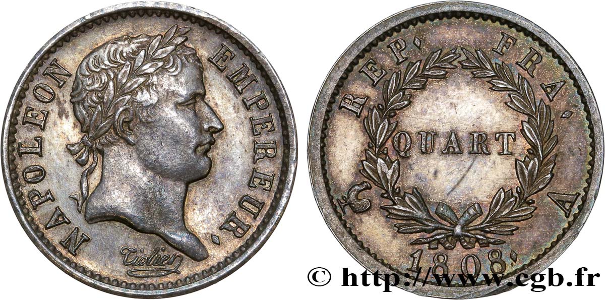Quart (de franc) Napoléon Ier tête laurée, République française 1808 Paris F.161/2 VZ58 