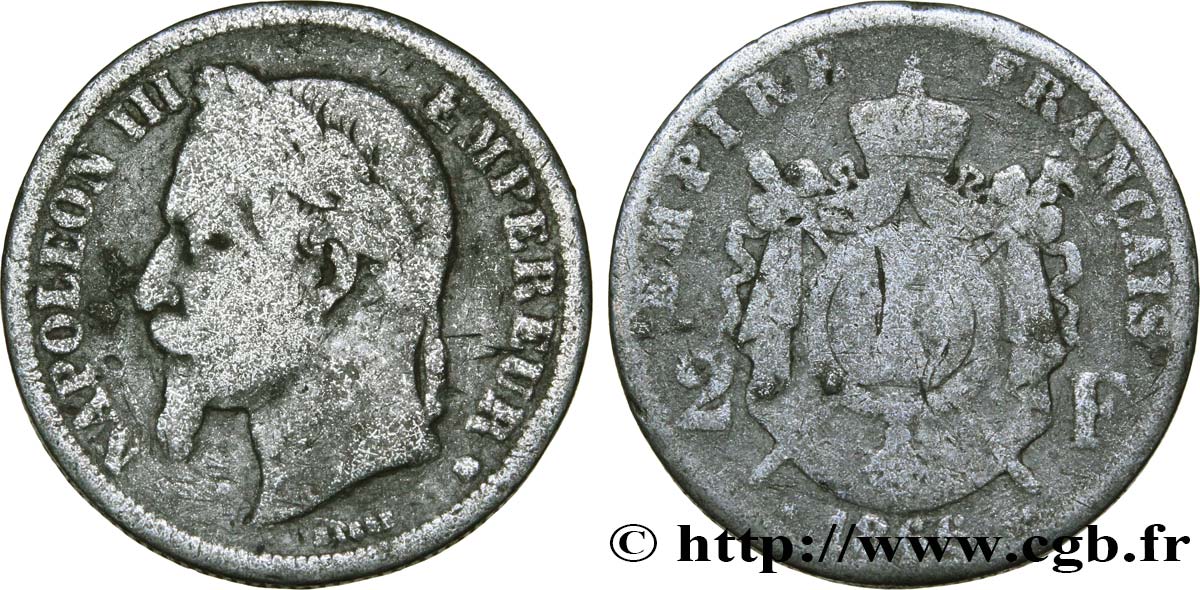 Faux de 2 francs Napoléon III, tête laurée 1866 Strasbourg F.263/3 var. B