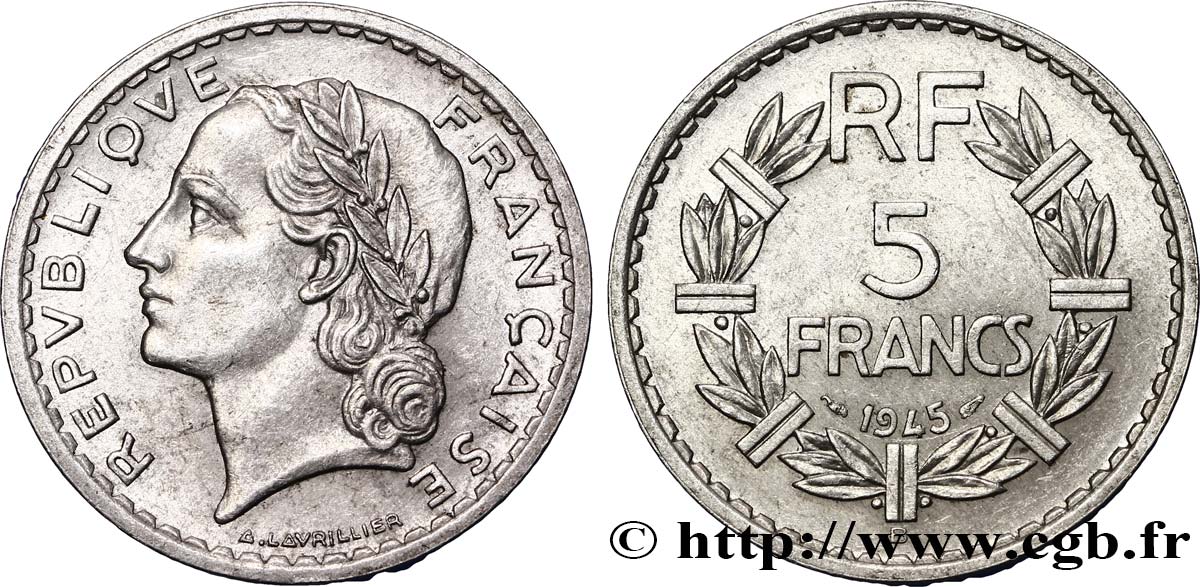 5 francs Lavrillier, aluminium 1945 Beaumont-Le-Roger F.339/4 TTB53