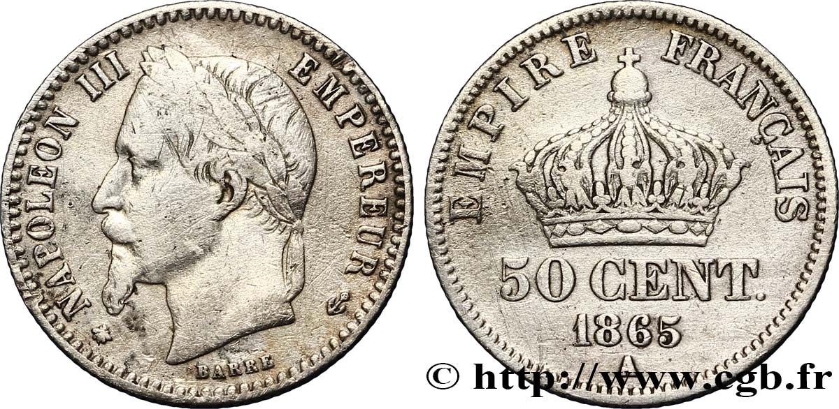 50 centimes Napoléon III, tête laurée 1865 Paris F.188/5 BC35 