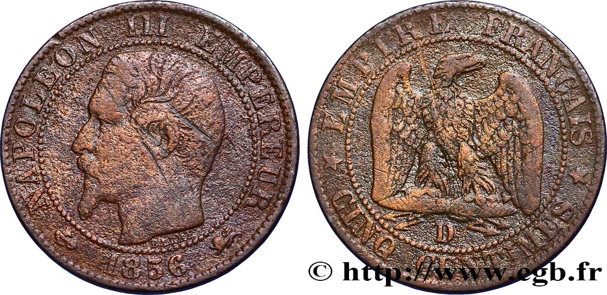Cinq centimes Napoléon III, tête nue 1856 Lyon F.116/33 TB20
