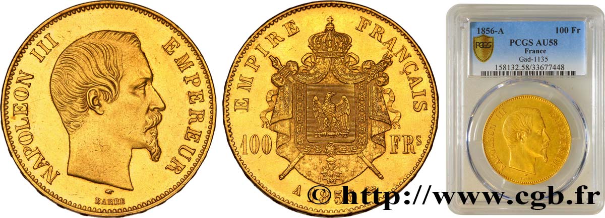 100 francs or Napoléon III, tête nue 1856 Paris F.550/3 EBC58 PCGS