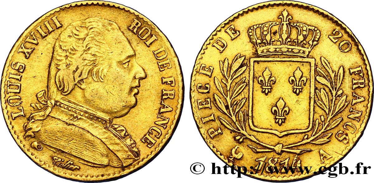 20 francs or Louis XVIII, buste habillé 1814 Paris F.517/1 BB45 