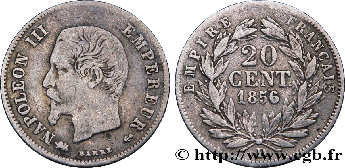 20 centimes Napoléon III, tête nue 1856 Lyon F.148/6 VF30 