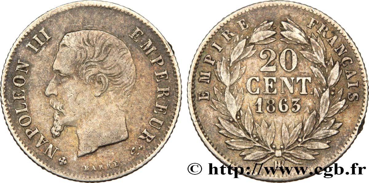 20 centimes Napoléon III, tête nue 1863 Strasbourg F.148/18 XF40 