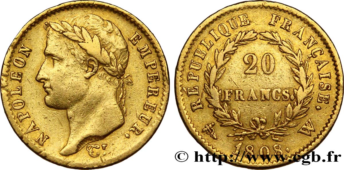 20 francs or Napoléon tête laurée, République française 1808 Lille F.515/8 TTB45 