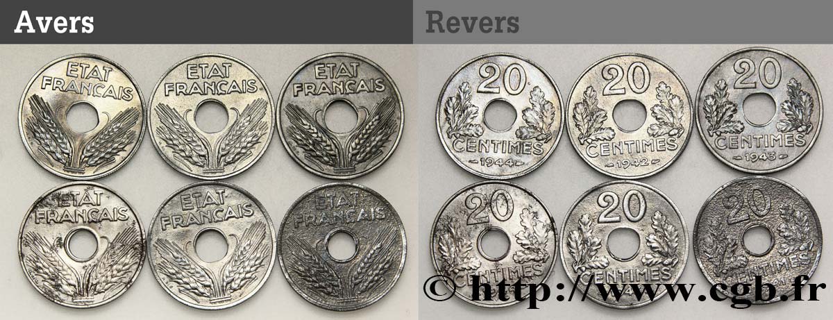 Lot de six pièces de 20 centimes État français n.d. n.l. F.153/- XF 