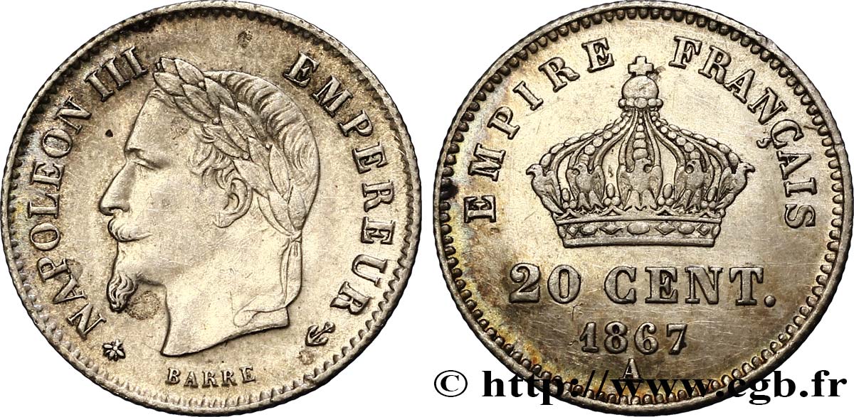 20 centimes Napoléon III, tête laurée, grand module 1867 Paris F.150/1 SS50 