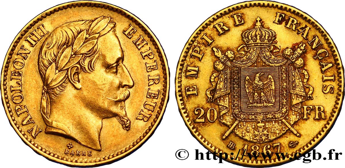 20 francs or Napoléon III, tête laurée, petit BB 1867 Strasbourg F.532/16 SS48 
