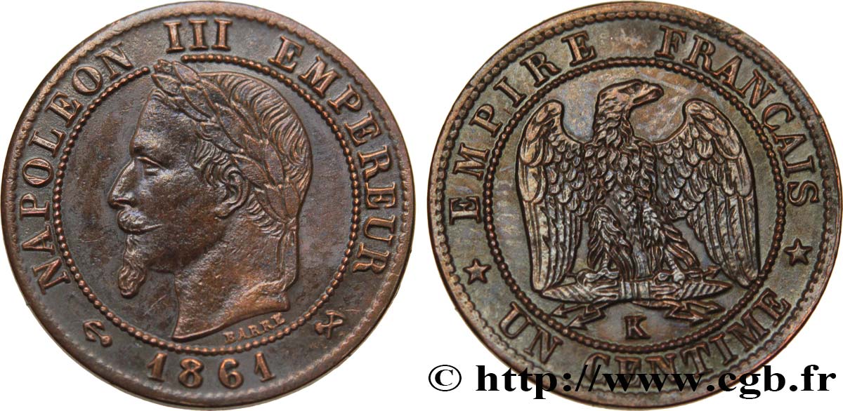 Un centime Napoléon III, tête laurée 1861 Bordeaux F.103/3 TTB54 