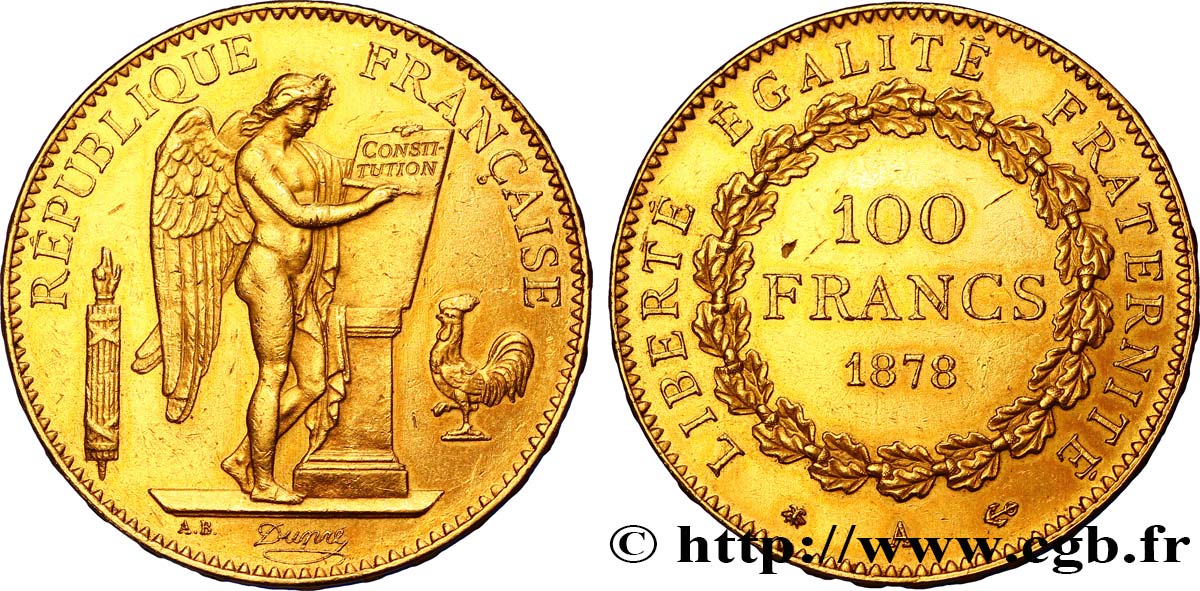 100 francs or Génie, tranche inscrite en relief Dieu protège la France 1878 Paris F.552/1 MBC50 