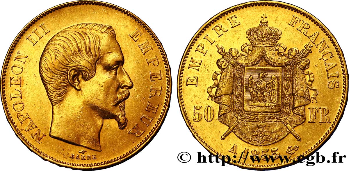 50 francs or Napoléon III, tête nue 1855 Paris F.547/1 XF45 
