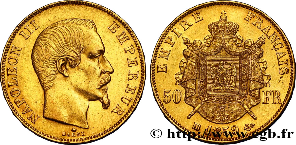 50 francs or Napoléon III, tête nue 1859 Strasbourg F.547/8 MBC48 