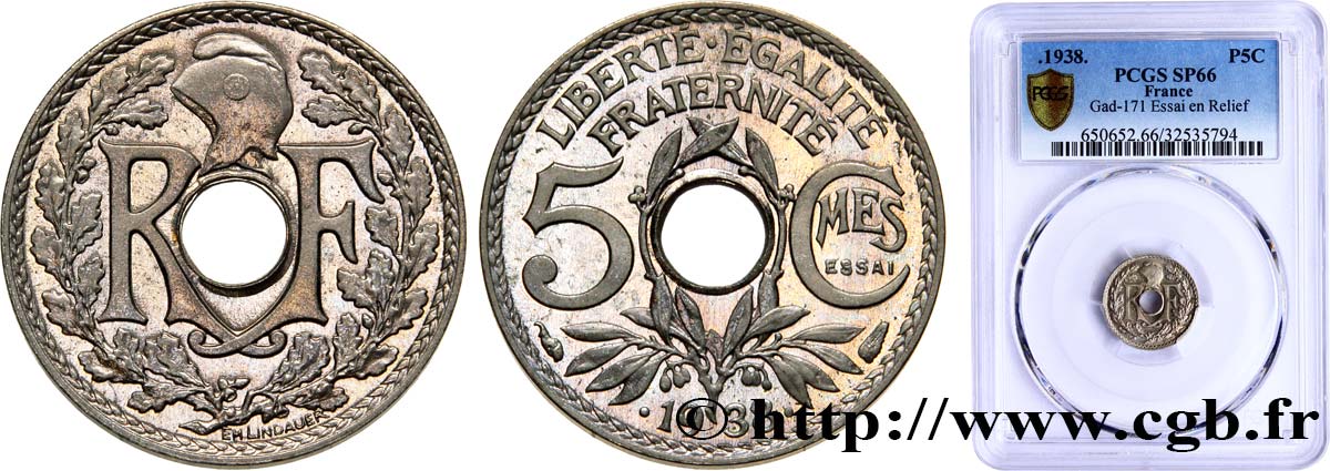 Essai de 5 centimes Lindauer maillechort, ESSAI en relief 1938 Paris F.123A/1 MS66 PCGS