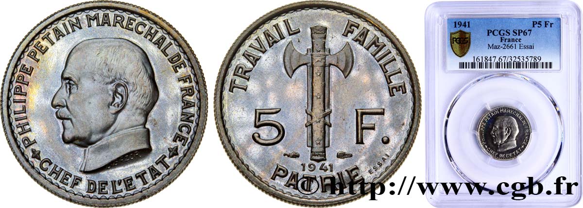 Essai de 5 francs Pétain 1941 Paris F.338/1 FDC67 PCGS