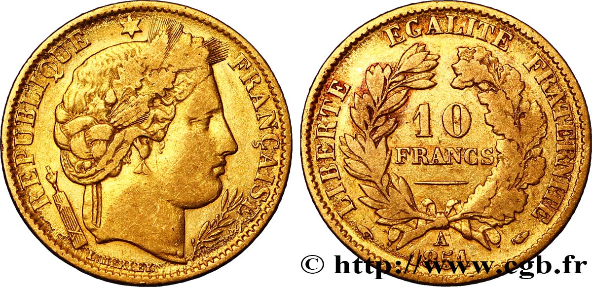 10 francs or Cérès, IIe République 1851 Paris F.504/3 S20 