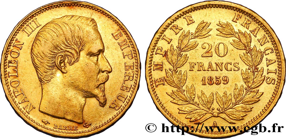20 francs or Napoléon III, tête nue 1859 Paris F.531/15 XF48 