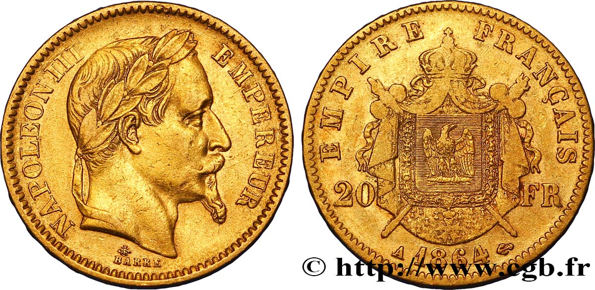 20 francs or Napoléon III, tête laurée 1864 Paris F.532/8 TTB40 