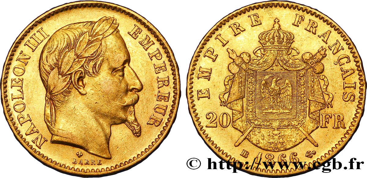 20 francs or Napoléon III, tête laurée 1866 Strasbourg F.532/14 TTB42 