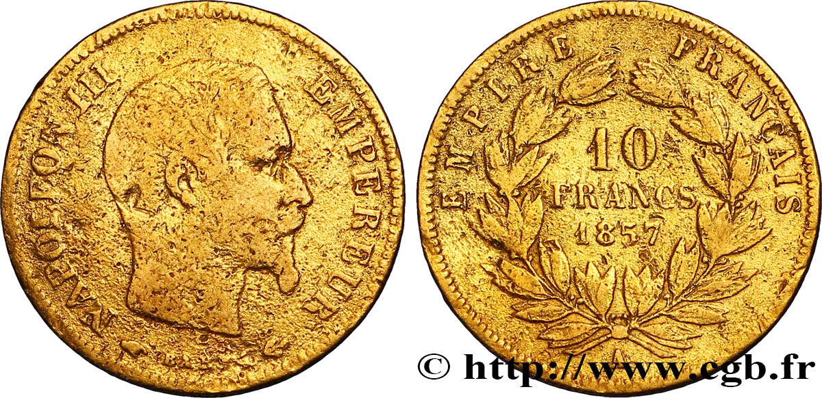 10 francs or Napoléon III, tête nue 1857 Paris F.506/4 TB15 
