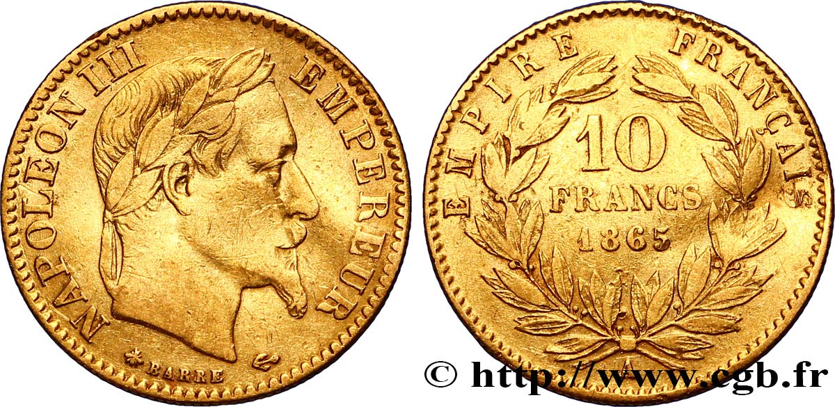 10 francs or Napoléon III, tête laurée, type définitif à grand 10 1865 Paris F.507A/9 TTB 