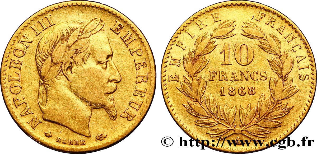 10 francs or Napoléon III, tête laurée, type définitif à grand 10 1868 Paris F.507A/17 XF42 