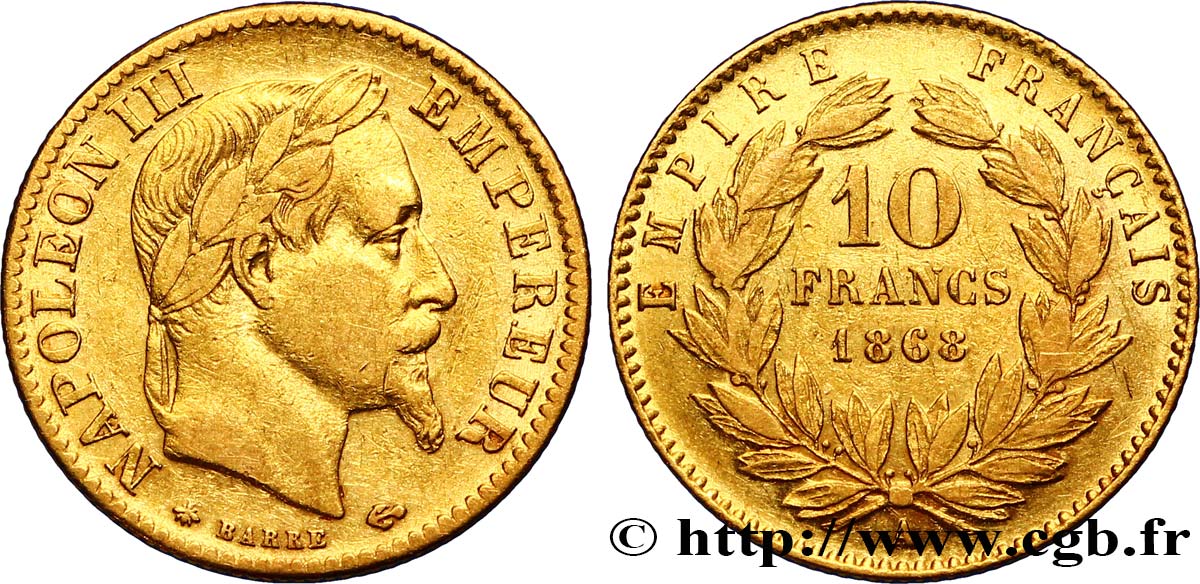 10 francs or Napoléon III, tête laurée, type définitif à grand 10 1868 Paris F.507A/17 XF42 
