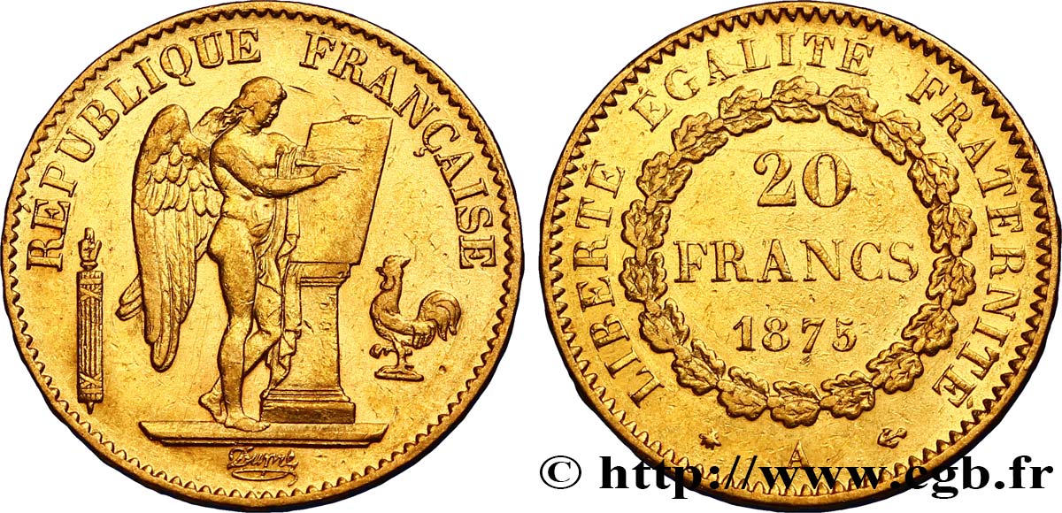20 francs or Génie, IIIe République 1875 Paris F.533/3 XF48 