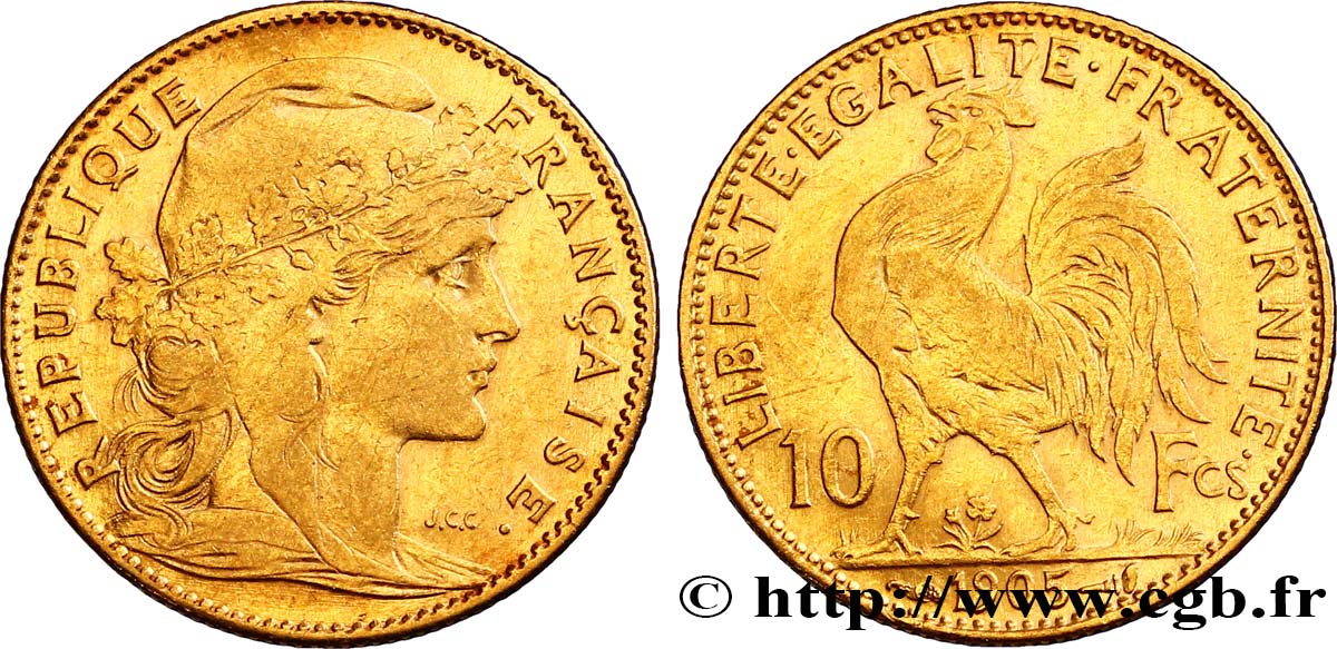 10 francs or Coq 1905 Paris F.509/6 XF48 