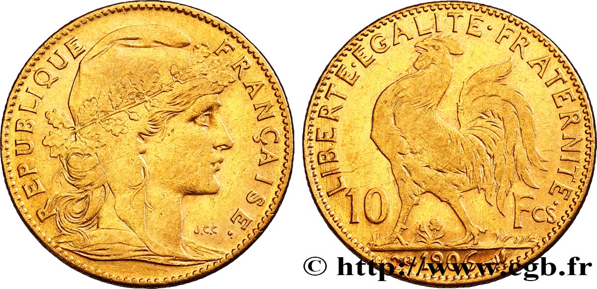 10 francs or Coq 1906 Paris F.509/7 XF48 