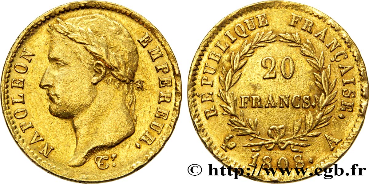 20 francs or Napoléon tête laurée, République française 1808 Paris F.515/2 TTB48 