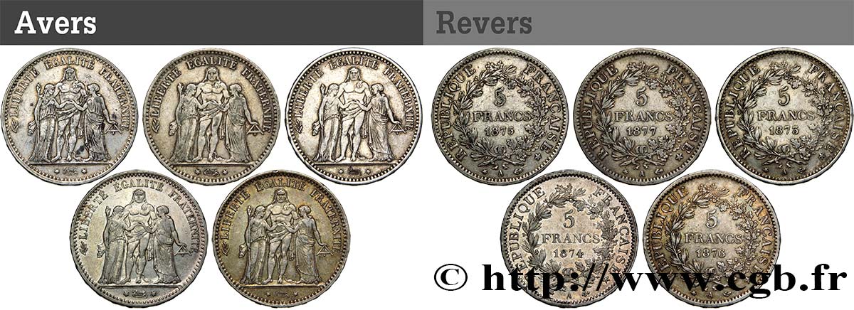 Lot de cinq pièces de 5 francs Hercule : 1873 1874 1875 1876 1877 - Paris F.334/9 BC 