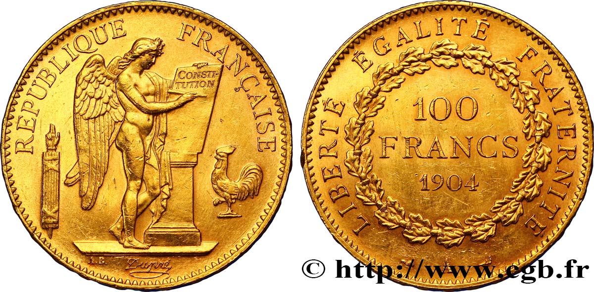 100 francs or Génie, tranche inscrite en relief Dieu protège la France 1904 Paris F.552/17 AU 