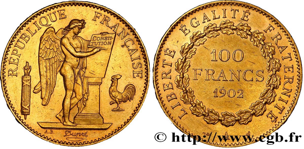 100 francs or Génie, tranche inscrite en relief Dieu protège la France 1902 Paris F.552/15 AU53 
