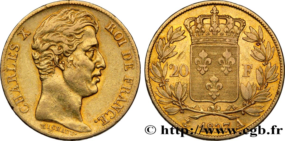 20 francs or Charles X, matrice du revers à quatre feuilles et demie 1827 Paris F.520/6 XF45 