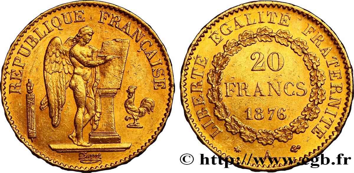20 francs or Génie, Troisième République 1876 Paris F.533/4 AU50 