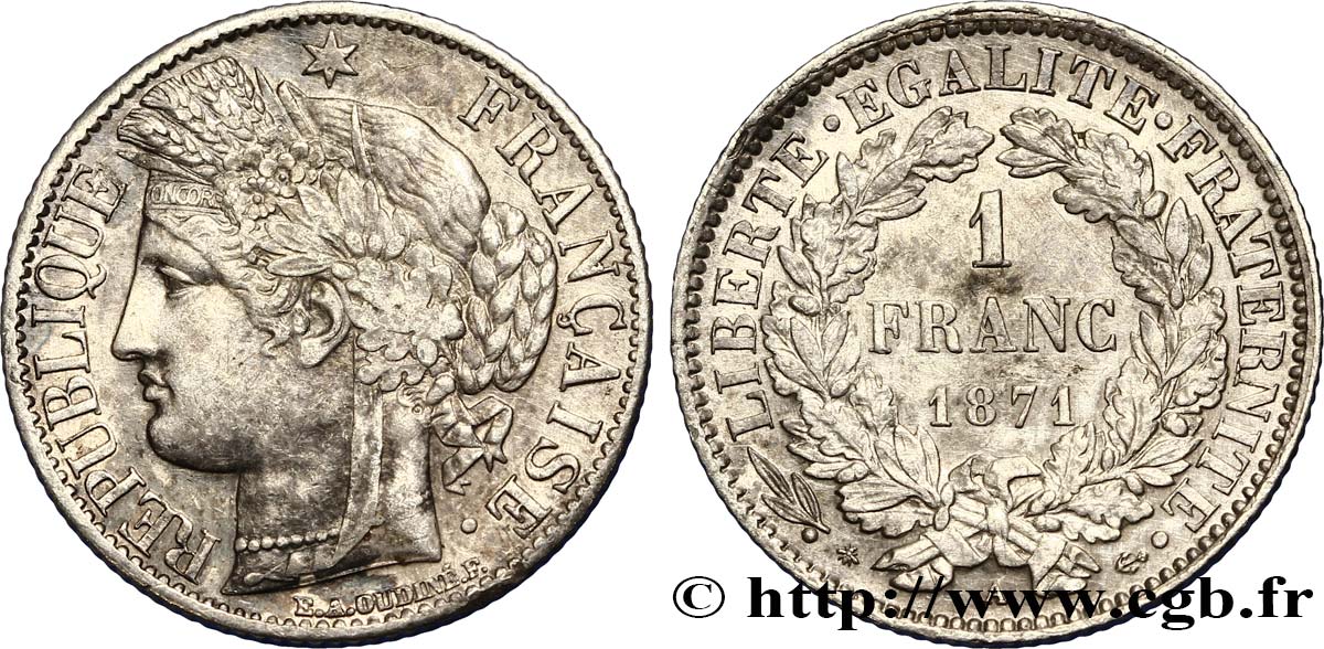 1 franc Cérès, Troisième République 1871 Paris F.216/2 AU50 