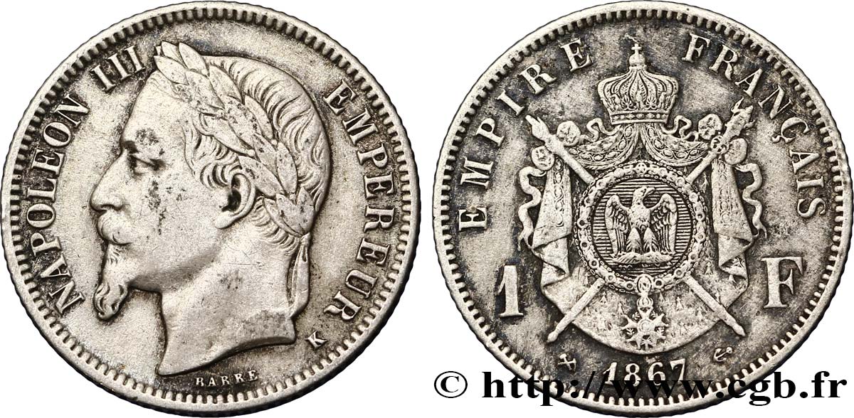 1 franc Napoléon III, tête laurée 1867 Bordeaux F.215/9 MBC40 