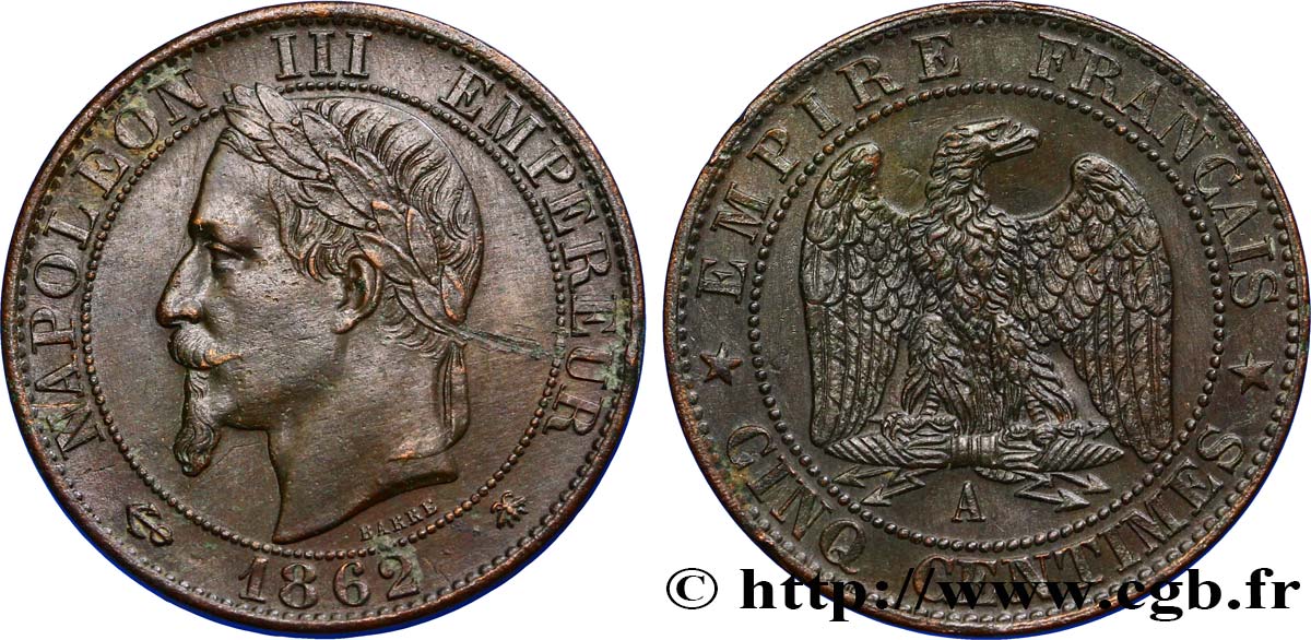 Cinq centimes Napoléon III, tête laurée 1862 Paris F.117/7 SS48 