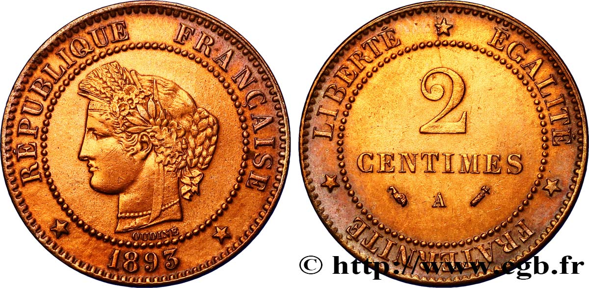 2 centimes Cérès 1893 Paris F.109/19 AU58 