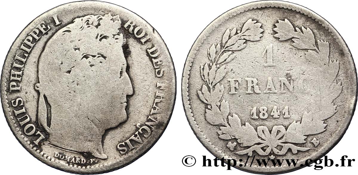 1 franc Louis-Philippe, couronne de chêne 1841 Rouen F.210/81 VG8 