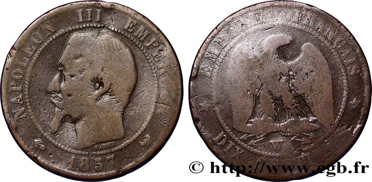 Dix centimes Napoléon III, tête nue 1857 Lille F.133/46 VG10 